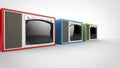 Red, green and blue vintage TV sets with white fronts