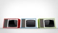 Red, green and blue vintage TV sets with white fronts