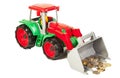 Red and green bulldozer with coins