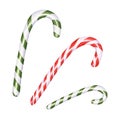 Red and green candy canes. Christmas stick. Caramel cane with striped ornate. Xmas sugar lollipop. Watercolor illustration