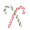 Red and green candy canes. Christmas stick. Caramel cane with striped ornate. Xmas sugar lollipop. Watercolor illustration