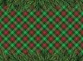 Red, green checkered pattern background with Christmas tree decoration