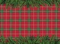 Red, green checkered pattern background with Christmas tree decoration