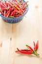 Red and green chili in blue plastic basket. Royalty Free Stock Photo