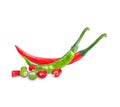 Red and green chili , Heaps of red,  green chopped chili peppers isolated on  white  background Royalty Free Stock Photo