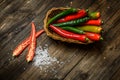 Red and green chili pepper on plate on wooden background Royalty Free Stock Photo