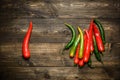 Red and green chili pepper on plate on wooden background Royalty Free Stock Photo