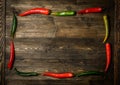 Red and green chili pepper on plate on wooden background Royalty Free Stock Photo