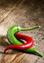 Red and green chili peppers, selective focus