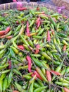 red and green chilies mixed in a pile at a traditional greengrocer