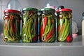 Red and green chilli peppers preserved in vinegar Royalty Free Stock Photo