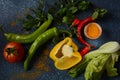 Red and green chilly peppers and half of yellow bell-pepper. Royalty Free Stock Photo