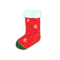 Red and green Christmas Santa sock for gifts with white snowflakes isolated on white background. Watercolor hand drawn Royalty Free Stock Photo