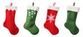 Red and green Christmas stocking, sock isolated on transparent background. New Year holidays. Royalty Free Stock Photo