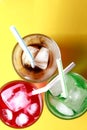 Red, green and cola soda fizzy drinks Royalty Free Stock Photo