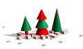 Abstract 3d illustration of Christmas trees with gift boxes. Royalty Free Stock Photo