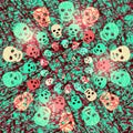 Red and green creepy Halloween background with shining skulls