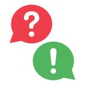 Red and green dialog boxes. Question mark and exclamation mark. Vector