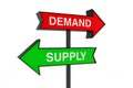 Red and Green Direction Arrow with Demand and Supply Sign. 3d Rendering