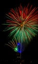 Red green firework in Ostrava with city hall clock Royalty Free Stock Photo