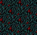 Red and green floral seamless pattern on black background. Wallpaper, fabric. Vector Royalty Free Stock Photo