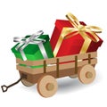 Red and green gift box in pull wooden cart Royalty Free Stock Photo