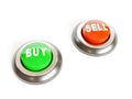 Red and green glossy push buttons with SELL and BUY labels on white background