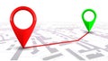 Red and green GPS navigator pointer on city map, from place to place - vector Royalty Free Stock Photo