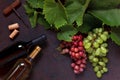 Red and green grapes with leaves, corks, corkscrew and two bottles of wine, white and red. Top view, close up on dark vintage Royalty Free Stock Photo