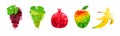 Red and green grapes, pomegranate, mango and banana set of abstract colorful fruits design