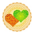 Red and green hearts on a pink background in the form of a heart. Valentine`s Day, symbol of lovers.