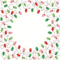 Red and Green Holiday Christmas and New Year Intertwined String Lights on White Background Square Round Frame