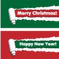 Red and green horizontal banners with torn rolled paper stripes.