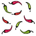 Red and Green Hot Chilli Pepper Sketch. Vector Illustration