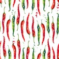 Red and green hot chilli peppers watercolor seamless pattern isolated on white background. Royalty Free Stock Photo