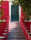 Red green house entrance, Athens Greece, Anafiotika neighborhood Royalty Free Stock Photo