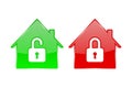 Red and green house icons. Closed and open account symbols