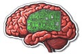 Red green illustrated brain embedded circuitry emphasizing advanced AI neural interfaces merging of biological digital