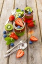 Red and green jelly served with fruit