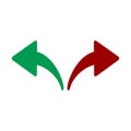 Red, Green Left and Right Arrows. Opposite Directions, Divergence, Forward, Backward. vector illustration isolated on white