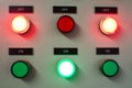 Red and green light led on electric Control Panel showing on/off status Royalty Free Stock Photo