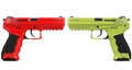 Red and green modern semi automatic handguns