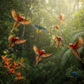 Red And Green Parrots In Flight Tropical Rainforest Jungle Royalty Free Stock Photo