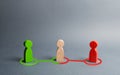 Red and green people want to recruit person in the center to his side. Pressure, influence on person opinion. Search for allies Royalty Free Stock Photo