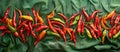 Red and Green Peppers on Green Cloth Royalty Free Stock Photo