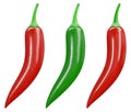 Red and green peppers. Serrano and chili peppers isolated on white background. 3D rendering.