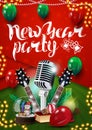 Red and green poster for New Year party in material design style with microphone and guitars