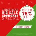 Red and green poster or template design with 75% discount offer for Christmas Big Sale. Royalty Free Stock Photo