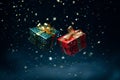 Red and green present box with golden bow falling in night star sky on dark background Royalty Free Stock Photo