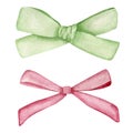 Red and green ribbon bow. Watercolor Christmas decoration element. Girl hair accessory Royalty Free Stock Photo